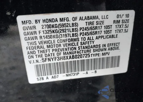 2010 Honda Pilot Touring from USA, damaged, VIN 5FNYF3H8XAB020725